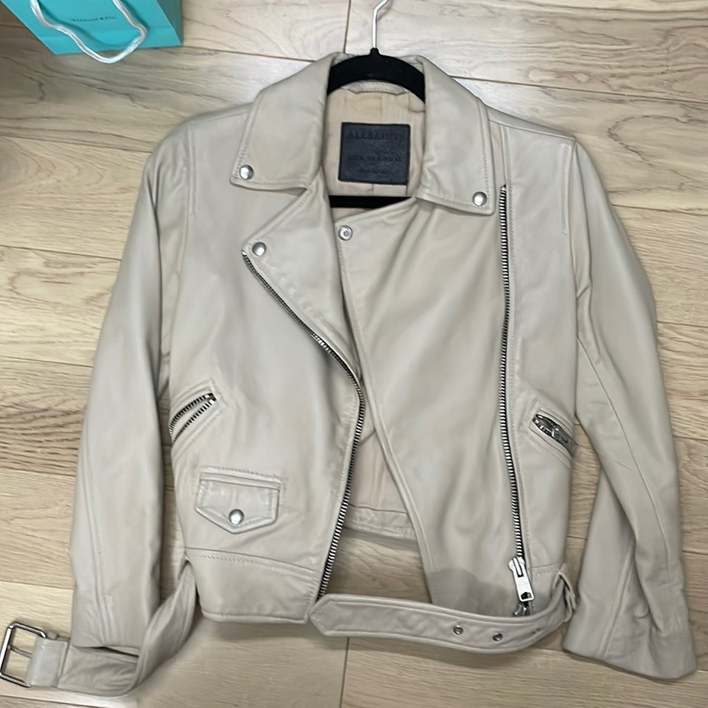 Classic cream All Saints leather motor jacket with belt